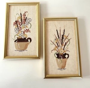 Set 2 punti croce con cornice vintage metà secolo moderno cattaglia essiccato floreale MCM - Foto 1 di 10