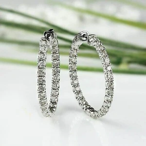 3Ct Round Cut simulated Diamond Inside & Out Hoop Earrings 14K White Gold Plated - Picture 1 of 3