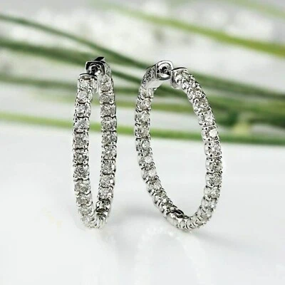 3Ct Round Cut simulated Diamond Inside & Out Hoop Earrings 14K White Gold Plated - Image 1 of 3