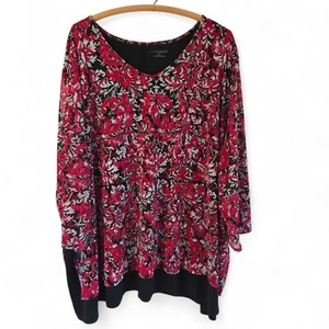 Catherines 5X Red & Black Floral Long Sleeve Tunic Top 34/36W Sheer Lined - Picture 1 of 8