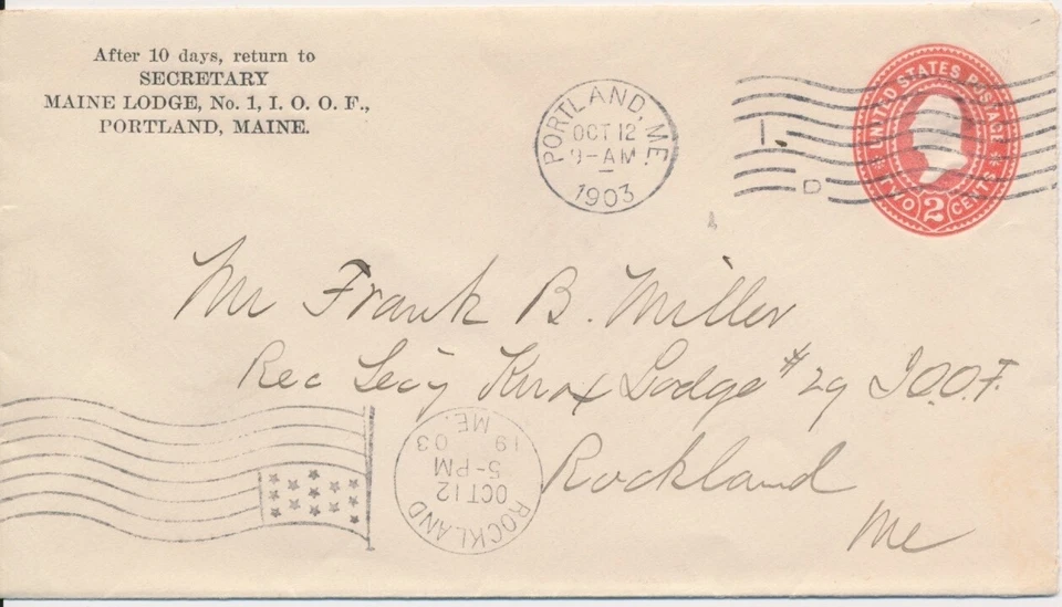 Maine Lodge no.1 I.O.O.F. Odd Fellows Portland Maine 1903 Flag & Machine cancel - Image 1 of 1