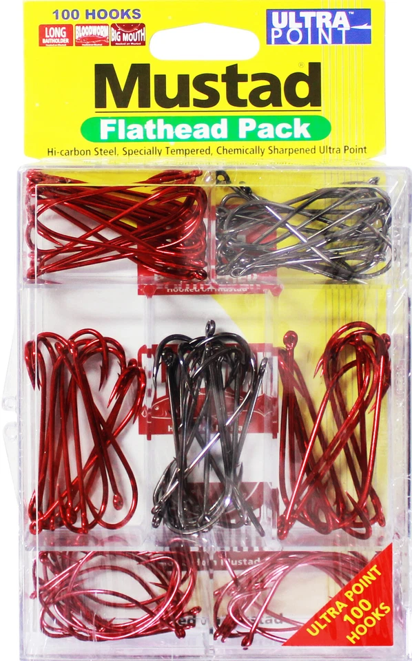 100 Pce Mustad Assorted Chemically Sharpened Flathead Hook Pack in Tackle Tray - image 1 of 1