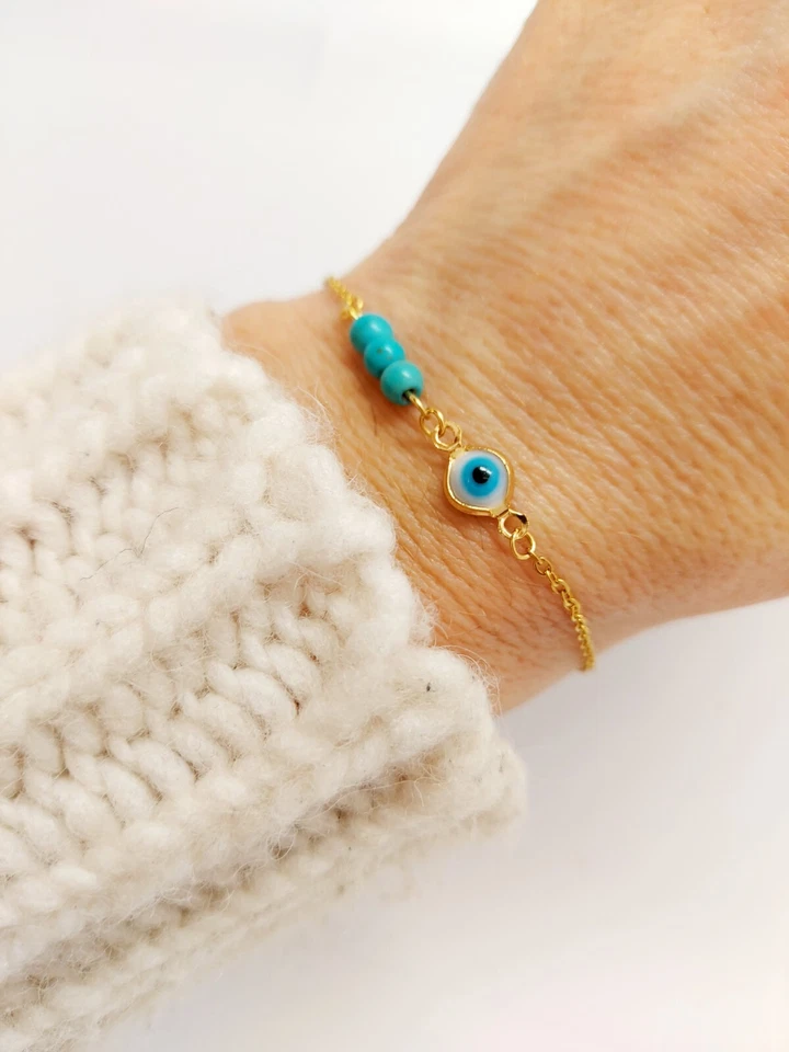 Damen 18K Vergoldet Türkische Griechische Böse Blau Auge Armband Edelstahl Stahl - Bild 1 von 4