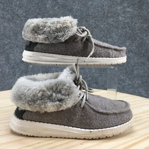 Hey Dude Shoes Youth 13 Britt Sneakers Gray Faux Fur Trim Lace Up Comfort Casual - Picture 1 of 16