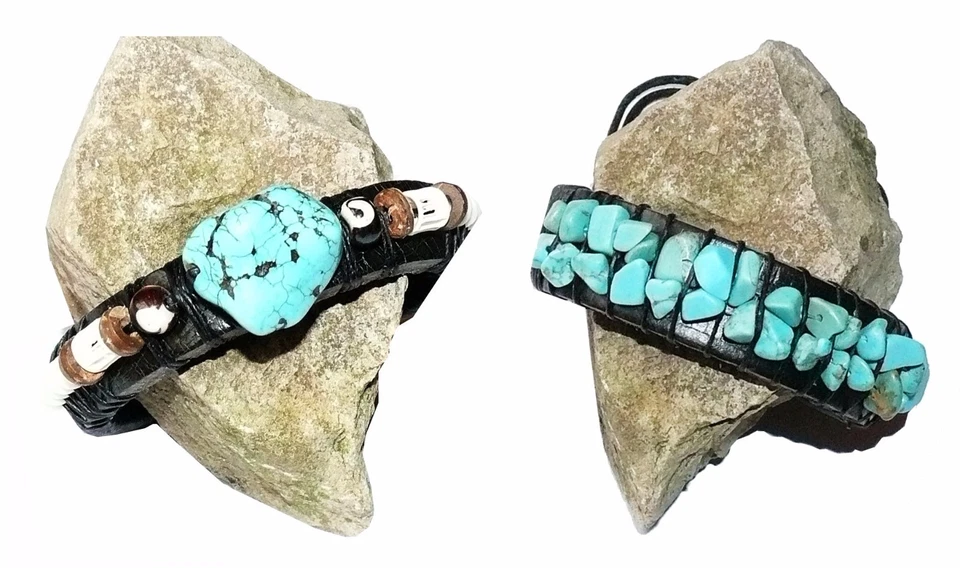 Leder Armband Türkis Stein Perle, Ethno Festival Lederarmband black Schmuck - Bild 1 von 1