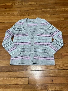 Talbots Womens Cardigan Sweater Sz Small Gray Purple Geo Striped V-Neck Acrylic - Picture 1 of 4