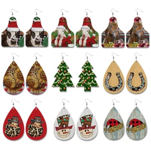 Leopard Weihnachtsmütze Leder Träne Kuhschild Hufeisen Western Damen Ohrringe - Bild 1 von 20