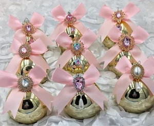 Gold Glass Pink Jeweled Shabby Victorian Cottage Christmas Ornament Lot Set of 9 - Picture 1 of 6