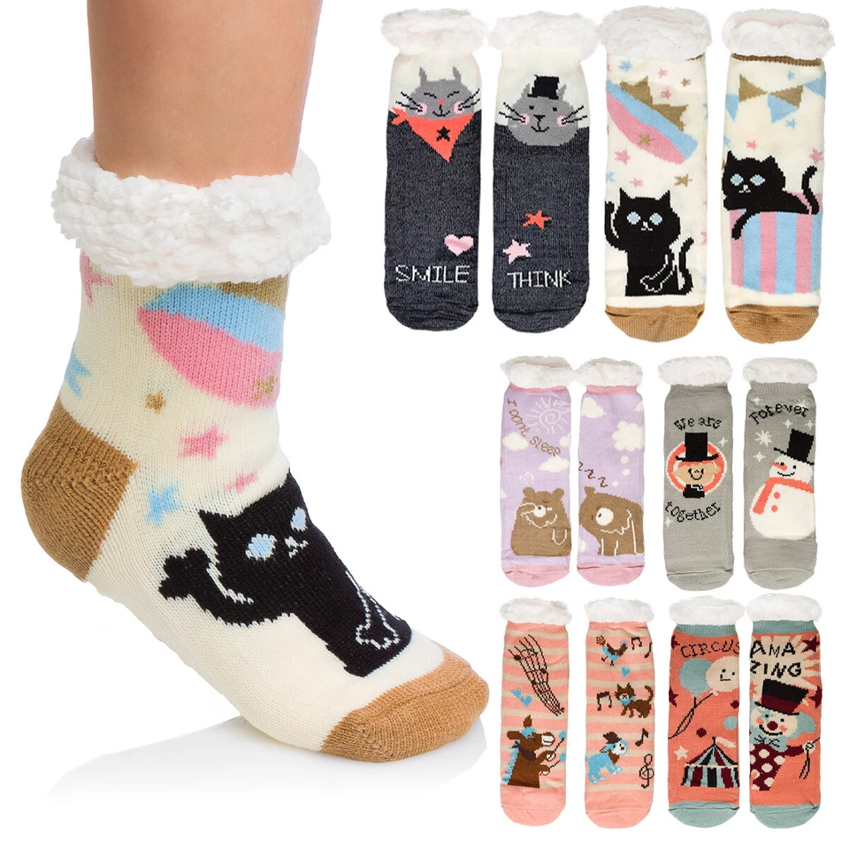 FUTURO FASHION Ladies Fur Lined Thick Anti Slipping Bed Socks Warm Slippers Animal Pattern DN25