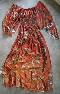 Vintage Paisley Scarf Silk Dress Women’s Orange Hippie Boho Cottage 1970s - Picture 1 of 4