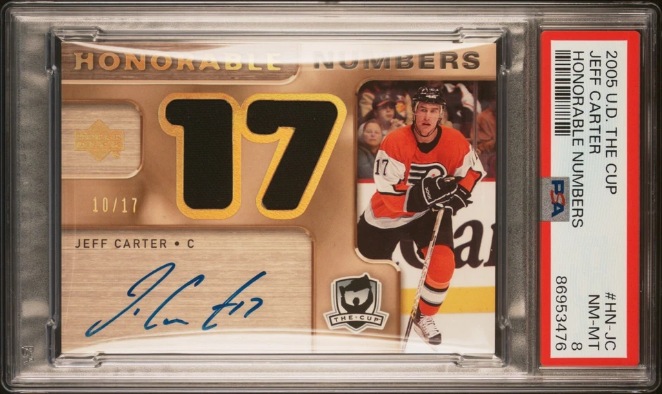 2005-06 Jeff Carter The Cup Honorable Numbers Dual Patch Rookie Auto /17 PSA 8 - Image 1 of 1
