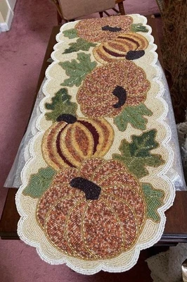 GLASS BEADED TABLE RUNNER PUMPKINS THANKSGIVING 36"X13" RUST ORANGE GREEN BROWN - Image 1 of 4
