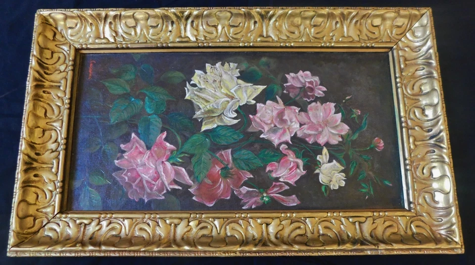 Antique Early 20th C. still life Oil Painting RARE Art Nouveau Roses 25 X 15 in - Image 1 of 4