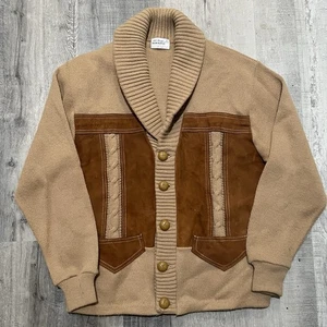 VTG 70’s Shawl Cardigan Sweater Cable Knit Tan Orlon Acrylic Leather Suede Large - Picture 1 of 4