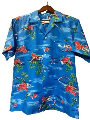 Vintage Hawaiian Shirt Men’s Shoreline Medium Blue Palm Trees Beach Summer - Image 1 of 4