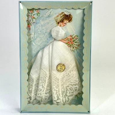 Pañuelo de lino gráfico de novia vintage años 70 encaje caja original Hong Kong nuevo de stock Foto 1 de 4