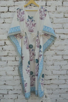 Vestido Floral Largo Caftán 100% Algodón Bloque a Mano 100% SIN TARIFAS✅0% CARGO KF-95 Foto 1 de 4