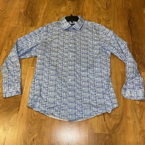 Bugatchi OohCotton Hemd Herren Large Blau Geometrisch Stretch Knopfleiste Ozean - Bild 1 von 8