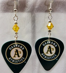 Green Oakland A's Round Seal Guitar Pick Earrings with Yellow Swarovski Crystals - Picture 1 of 3