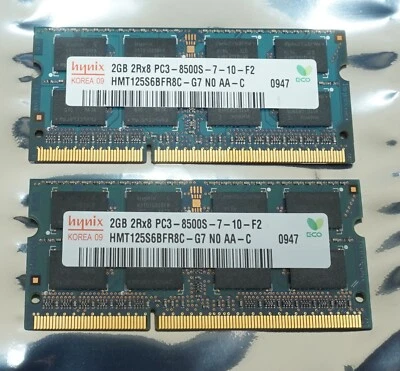 pair Hynix 2GB PC3-8500S laptop memory sticks 4GB HMT125S6BFR8C-G7 - Image 1 of 4