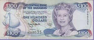 BAHAMAS 100 DOLLARS P-62a 1996 QUEEN QE II BLUE MARLIN SHIP RARE CARIBBEAN NOTE - Picture 1 of 3