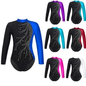 Kids Girls Jumpsuit Competition Dancewear Faux Adorned Unitard Yoga - Picture 1 of 45