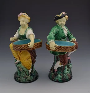Victorian Minton Majolica Hogarth Match Holders / Figural Salts 1872 Antique - Picture 1 of 8