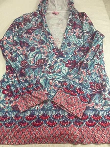 Lilly Pulitzer Hoodie Womens M Multicolor Pink Floral Beach V-Neck Pullover - Picture 1 of 6