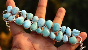 Larimar gemstone handmade sterling silver cluster bracelet sz. 7-8" - Picture 1 of 4
