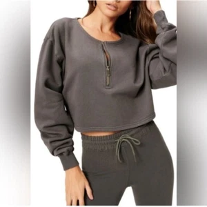 Neu mit Etikett Good American Essentials graues kragenloses Sweatshirt mit halbem Reißverschluss - Größe 6 (3XL) - Bild 1 von 6