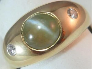 ESTATE DIAMOND CHRYSOBERYL CATS EYE 14KT Y GOLD MENS GYPSY PINKY RING #K1390.17 - Picture 1 of 12
