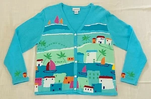 Popovitch V Neck Button Down Cardigan Sweater Island Theme Women's Medium VTG - Picture 1 of 9