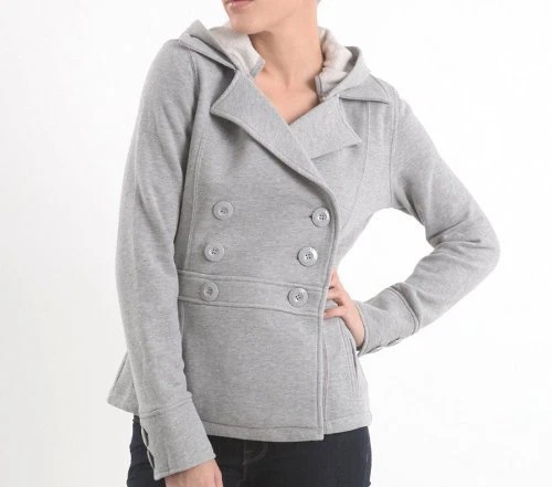 WOMEN'S/JRS ROXY HOODED FLEECE PEACOAT JACKET DETACHABLE HOODIE ASH GRAY NEW $65 - Image 1 of 1