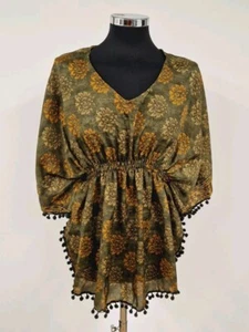 Green & gold silk blouse size 10/12 pure short sleeve batwing v neck pom poms - Picture 1 of 9