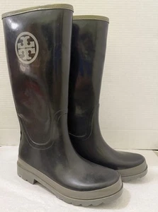 Tory Burch Rubber Rain Garden Boots 8 Black Logo Pull On Utility Gorpcore READ - Picture 1 of 13