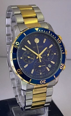 Reloj de cuarzo reacondicionado diseño bicolor esfera azul movado, cronógrafo con fecha Foto 1 de 4