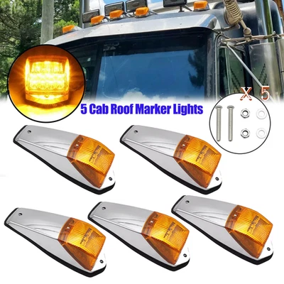 5 Cab Roof Marker Lights For Peterbilt Kenworth Freightliner 31 LED Amber Chrome - Image 1 of 4