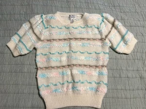 Vintage Korey 80er Elfenbein Pullover Kurzarm Schulterpolster Band Rosa Blau Band - Bild 1 von 4