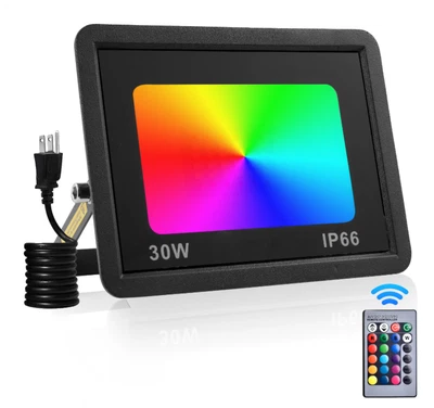 RGB LED Fluter 10-100W mit Stecker Farbwechsel Außen Strahler Mit Fernbedienung  - Bild 1 von 4