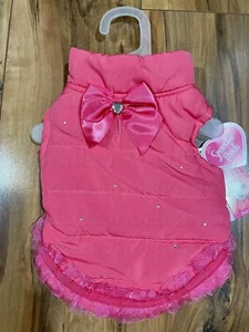 NWT Jeweled Coral Ruffle Puffer Jacket / Pink Bow / Smoochie Pooch / XS - Picture 1 of 7