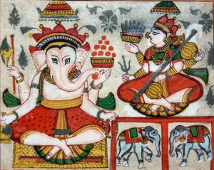 Ancienne peinture indienne Ganesh et Sarasvati Inde 19e - Imagen 1 de 6