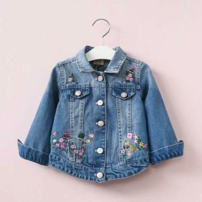 Kids Girls Jacket Denim Embroidered Coat Flower Jeans Jacket Button Baby Coats - Image 1 of 4
