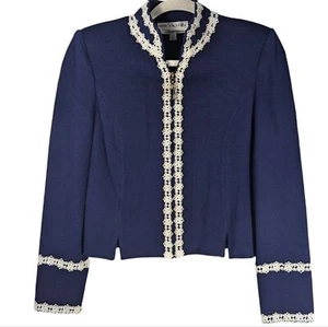 NWT St. John Collection Wool Blend Cardigan Navy White Trim Jacket Sz 4 - Picture 1 of 12