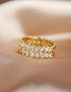 Moissanite Statement 14K Gold Band Unique Elegant Leaves Eternity Stacking Ring - Picture 1 of 15