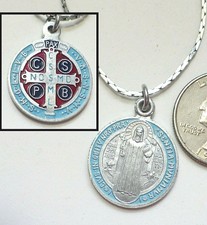 Vintage St Benedict Exorcism/Protection Medal Enameled ST Pendant Necklace 24"