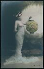 French nude woman & Chinese lanter original 1910s tinted color photo postcard