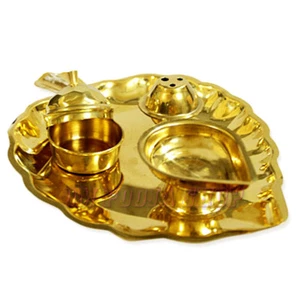 Brass Deep Thali Leaf Shaped Hindu Puja Plate Brass Pooja Aarti Om Pooja Shop - Picture 1 of 1