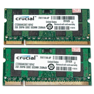 4GB (2x 2GB) Crucial PC2-5300 667Mhz RAM DDR2 Laptop Memory 200-pin CT25664AC667 - Picture 1 of 1