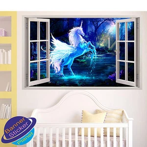 UNICORN CRYSTAL NIGHT FOREST 3D WINDOW WALL STICKER ROOM DECORATION DECAL MURAL - Picture 1 of 3