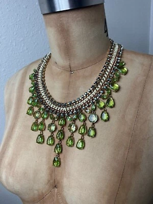 BCBG MAXAZRIA Gold Chain & Peridot Green Teardrop Rhinestone Fringe Necklace - Image 1 of 4